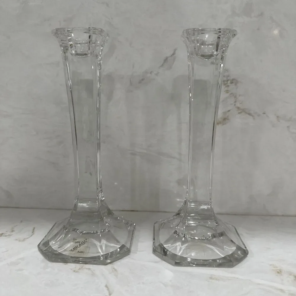 Vintage MCM Mikasa Hyde Park Clear Crystal Art Deco Taper Candle Holders Set 2